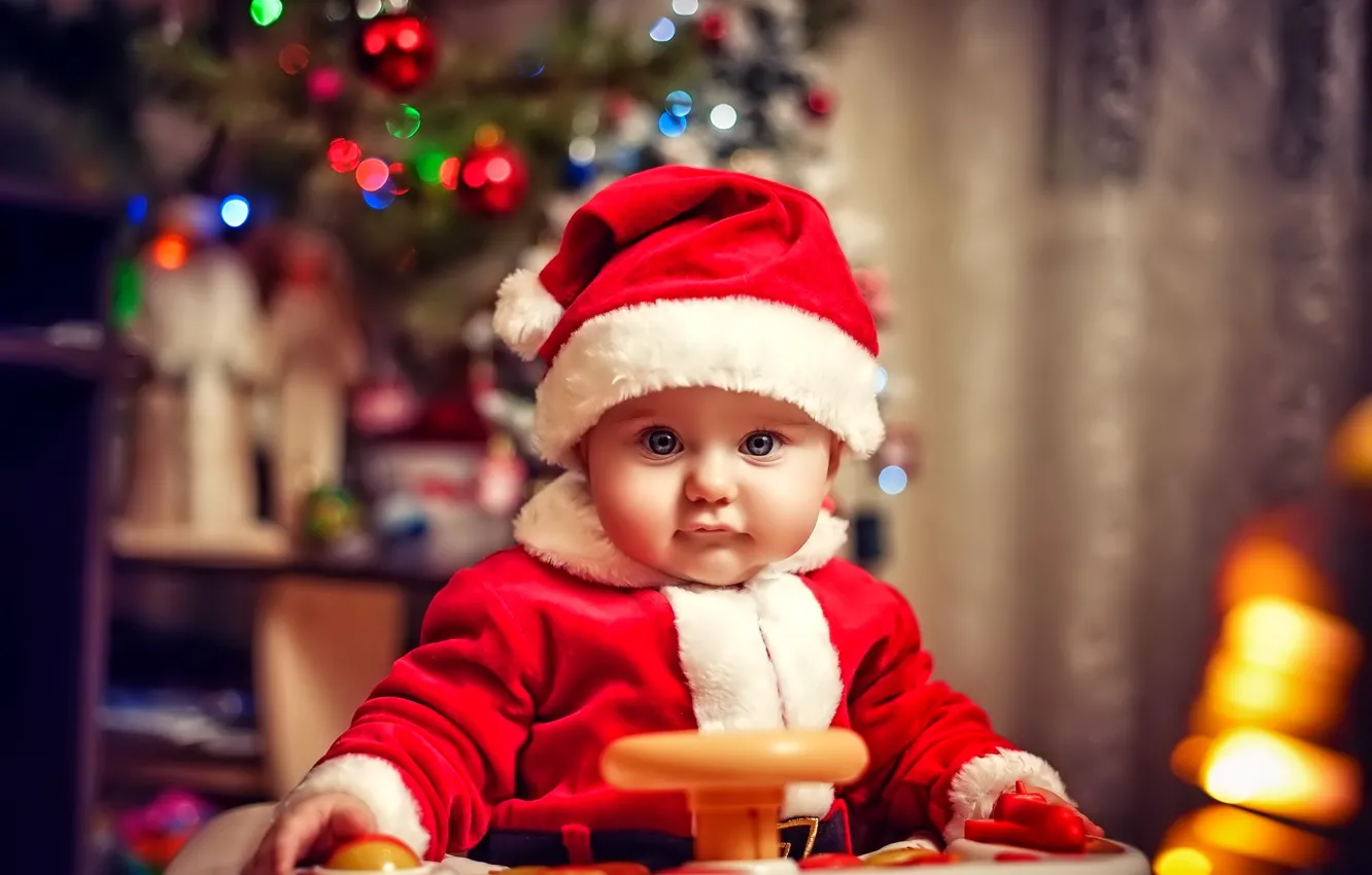 Wallpaper look, lights, holiday, tree, new year, child, baby, Christmas,  happy, small suit of Santa Claus images for desktop, section разное -  download