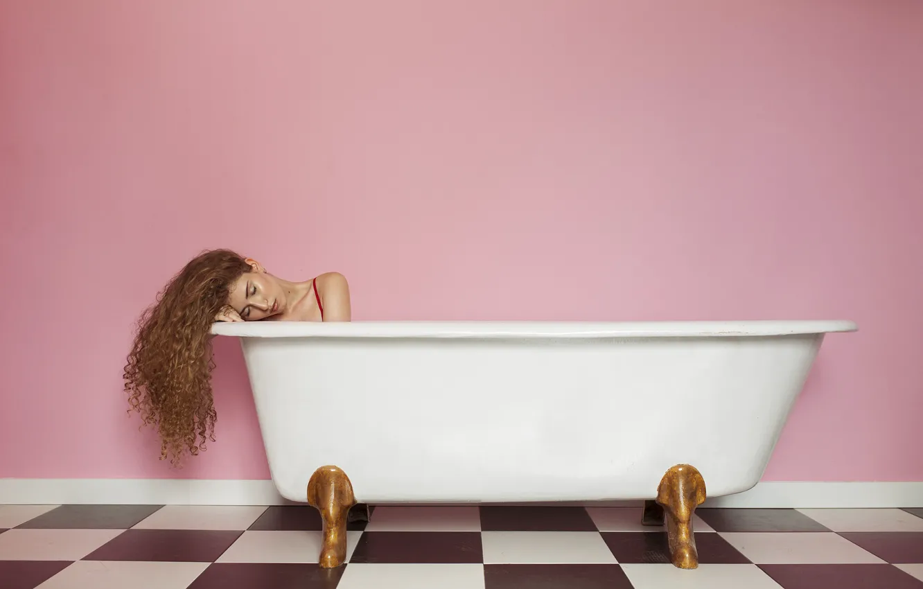 Photo wallpaper girl, face, wall, hair, bath, shoulder