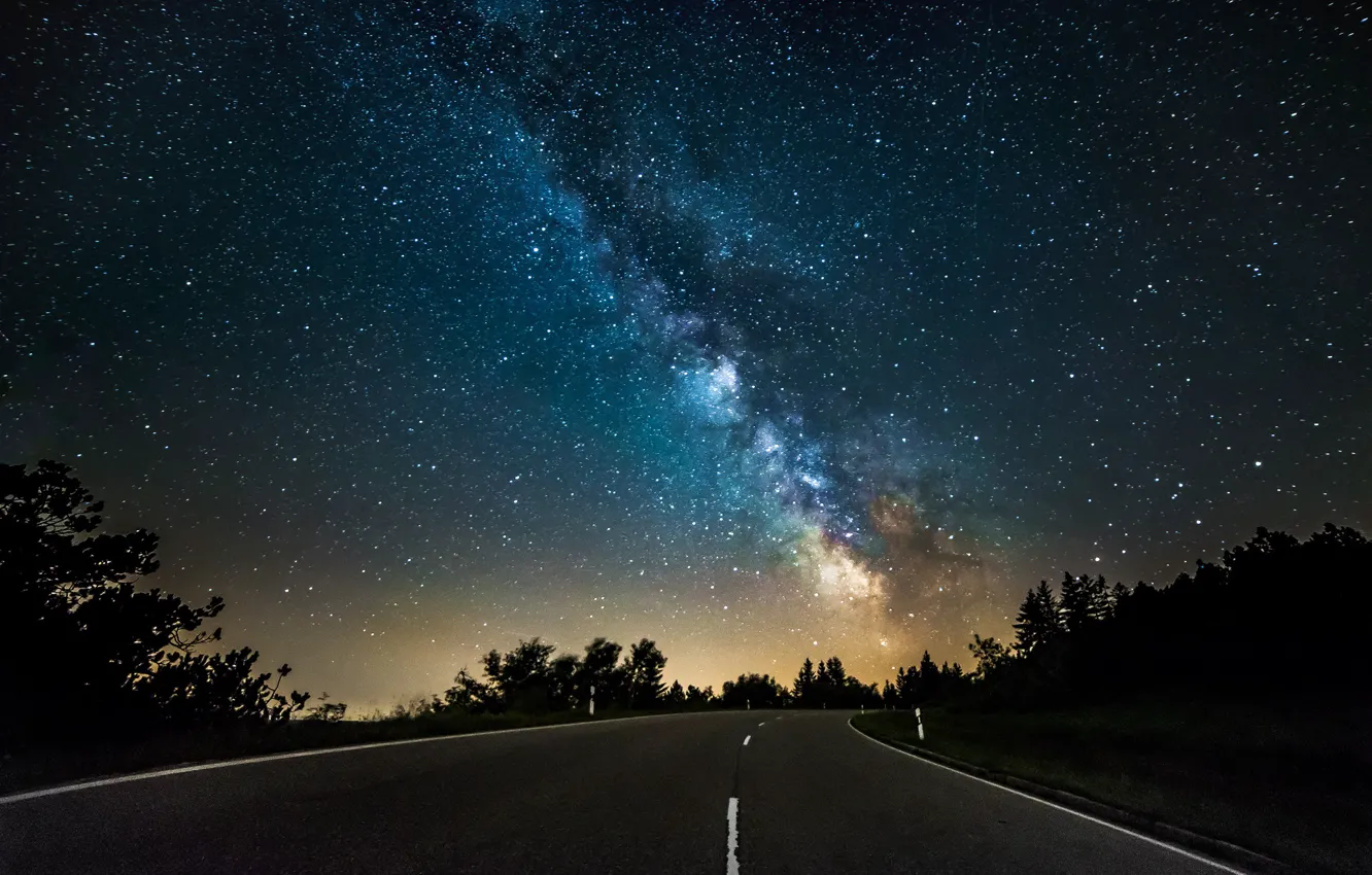 Wallpaper road, space, stars, light, trees, mystery, silhouette, The Milky  Way images for desktop, section пейзажи - download