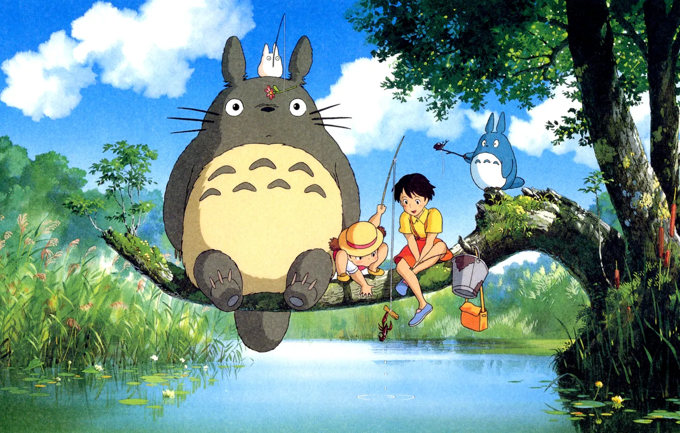 Photo wallpaper river, tree, Totoro, my neighbor Totoro, ghibli, Hayao Miyazaki, Totoro, Satsuki Kusakabe, Satsuki Kusakabe, fishing …