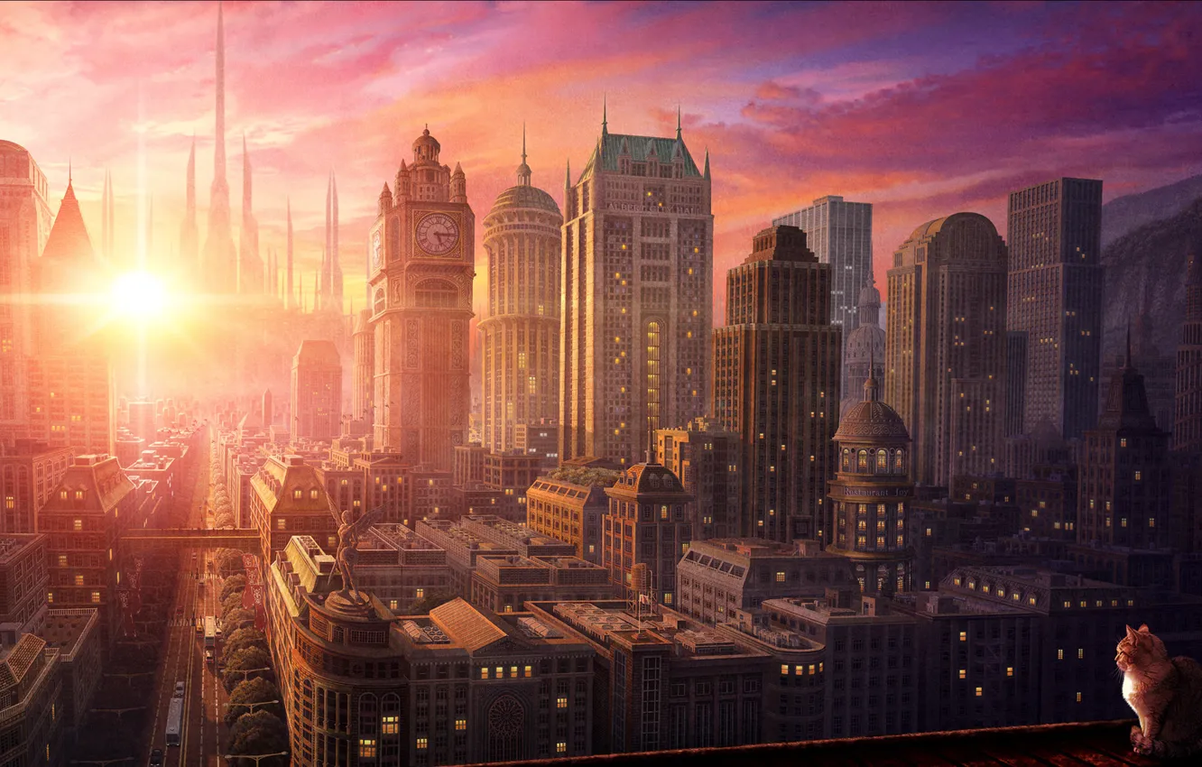 Wallpaper city, sunset, cat images for desktop, section рендеринг - download