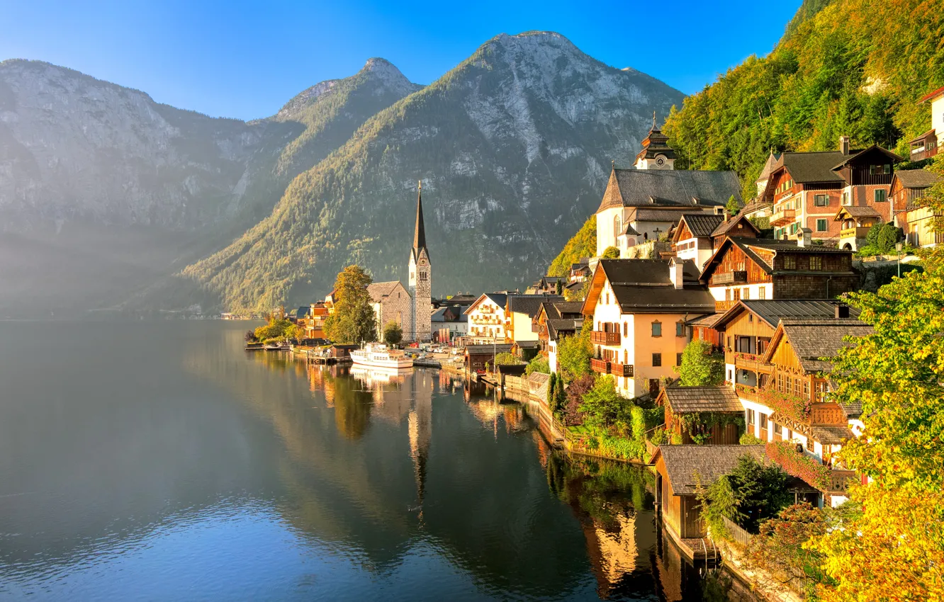 Photo wallpaper autumn, landscape, mountains, nature, the city, lake, building, home, boats, Austria, Alps, The Salzkammergut, Hallstatt, …