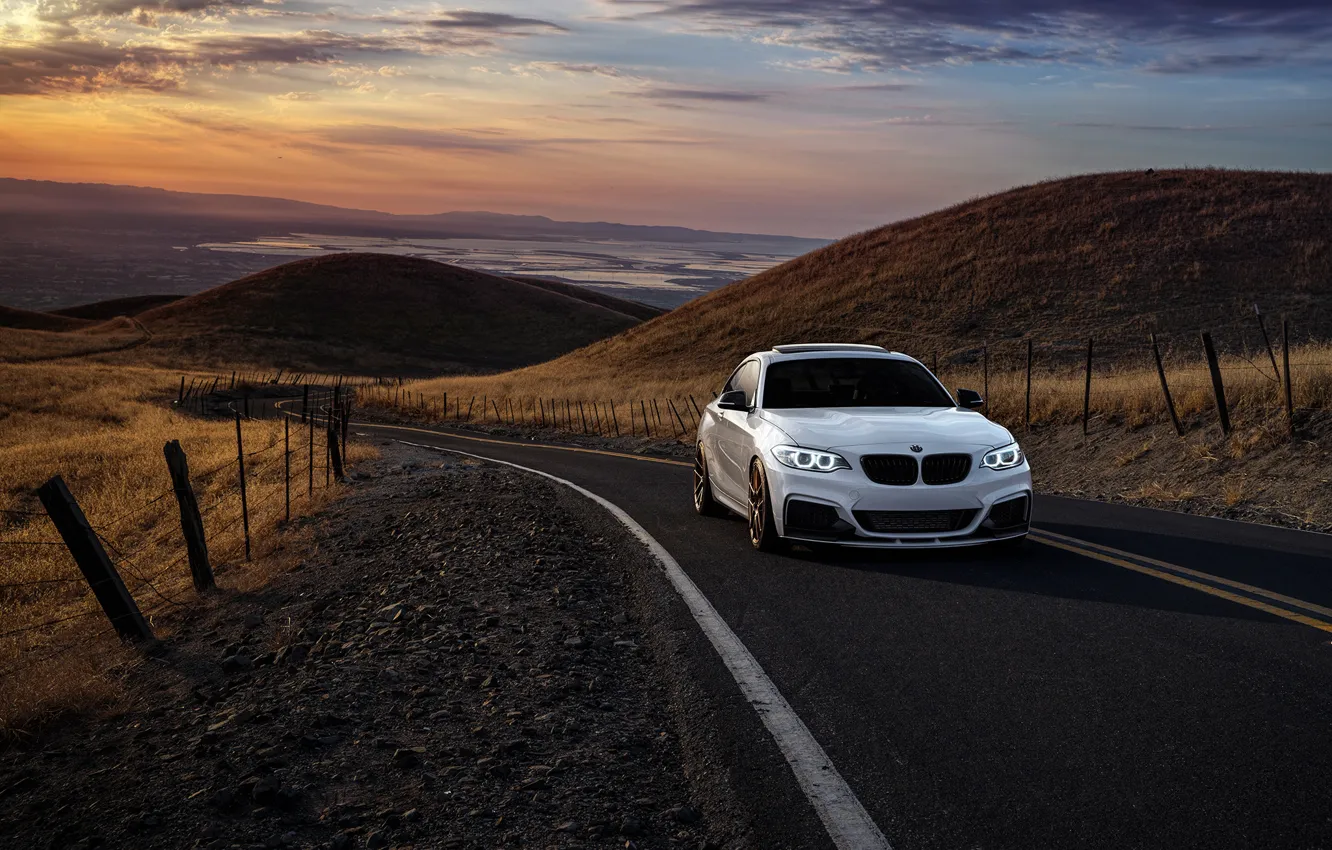 Photo wallpaper BMW, Car, Front, Sunset, Sunrise, Mountains, Wheels, Before, M235i, Garde, San Jose