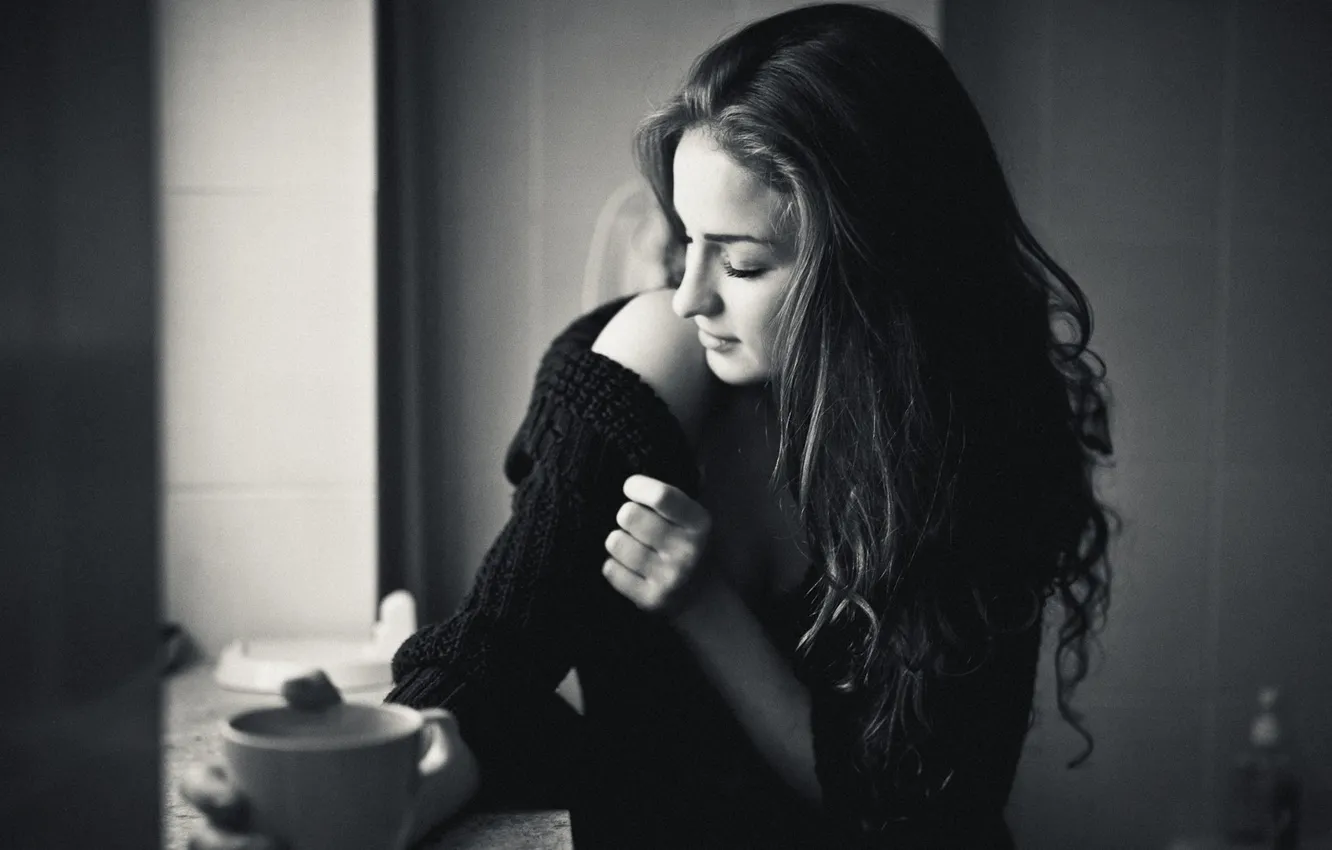 Photo wallpaper girl, mood, mug, black and white, shoulder