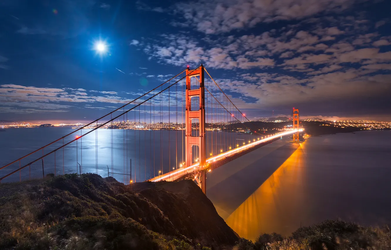 Wallpaper the sky, light, night, the city, lights, Strait, the moon, Bay, San  Francisco, USA, California, the Golden Gate bridge images for desktop,  section город - download