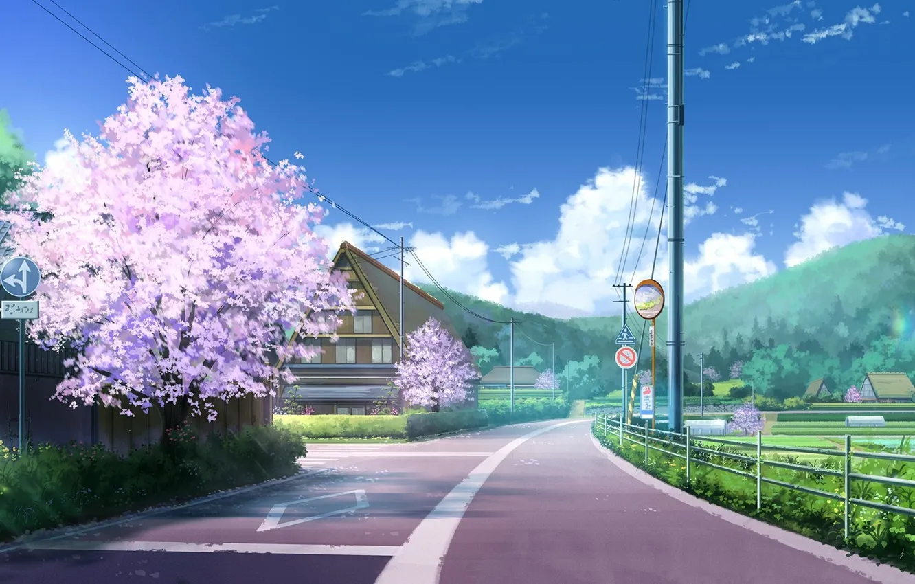 Wallpaper road, clouds, hills, posts, wire, home, Sakura, village, signs,  Japan, art, road, Niko-p images for desktop, section прочее - download