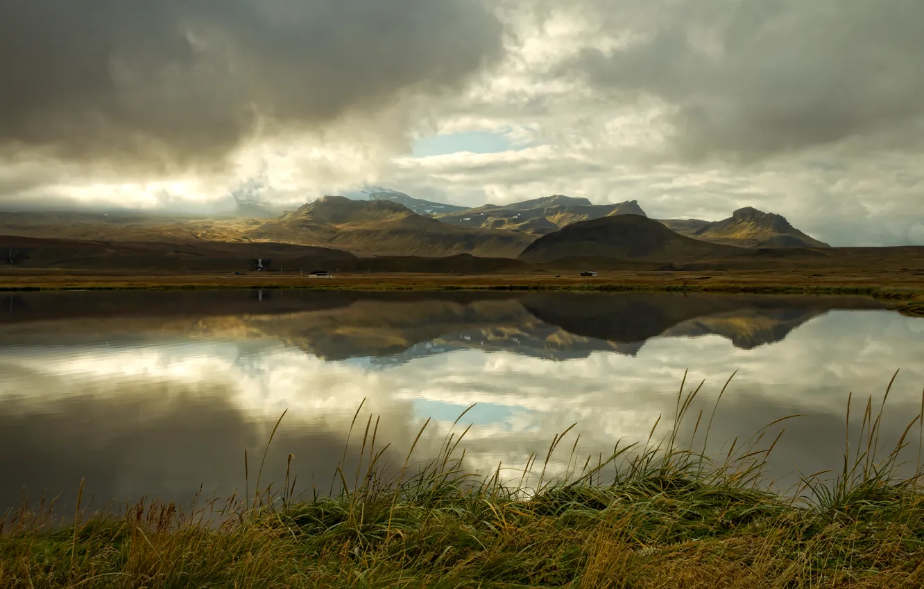 Photo wallpaper mountains, clouds, lake, reflection, Iceland