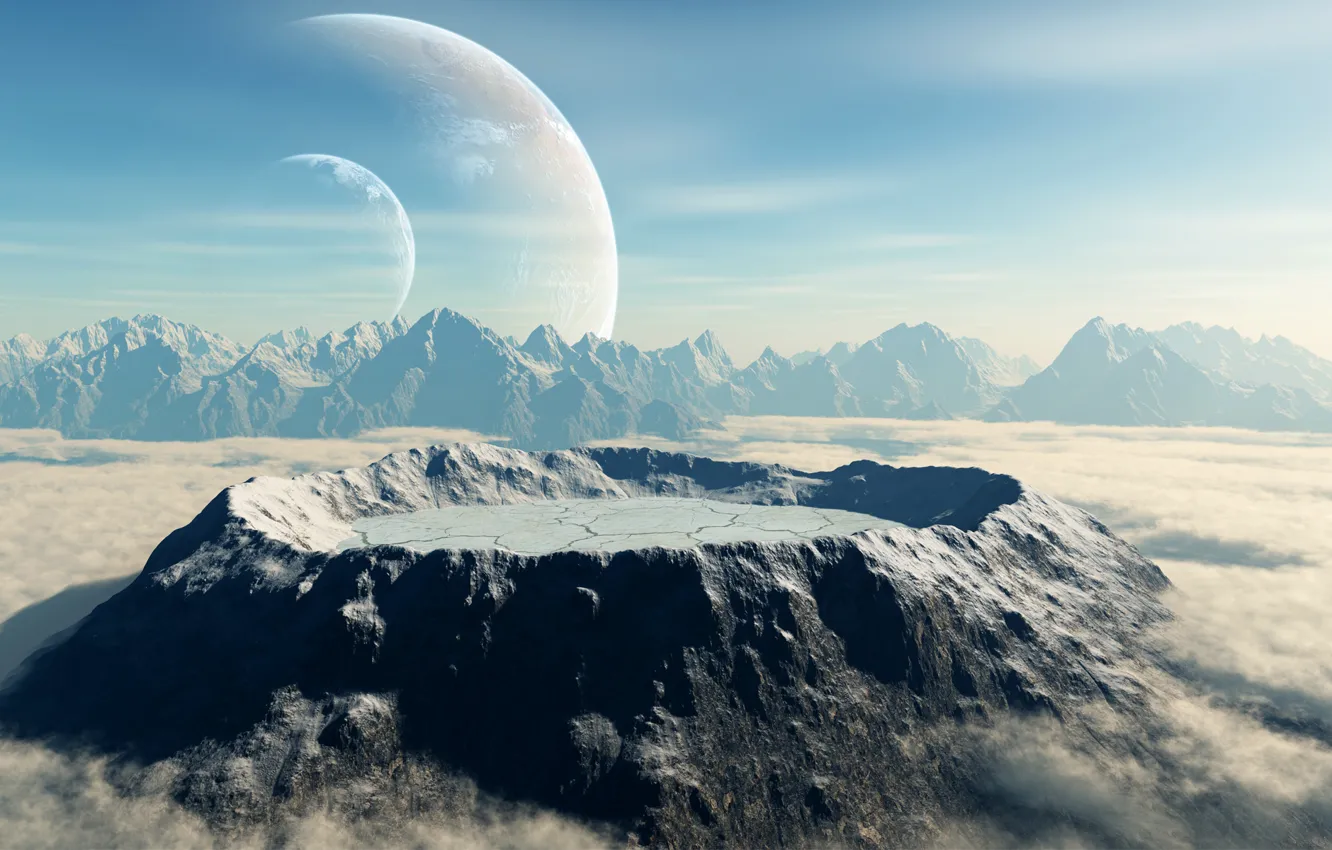 Photo wallpaper clouds, mountains, planet, crater