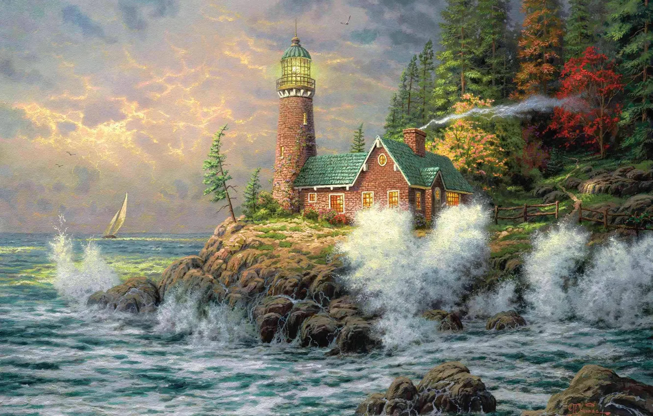 Photo wallpaper sea, lighthouse, picture, painting, thomas kinkade