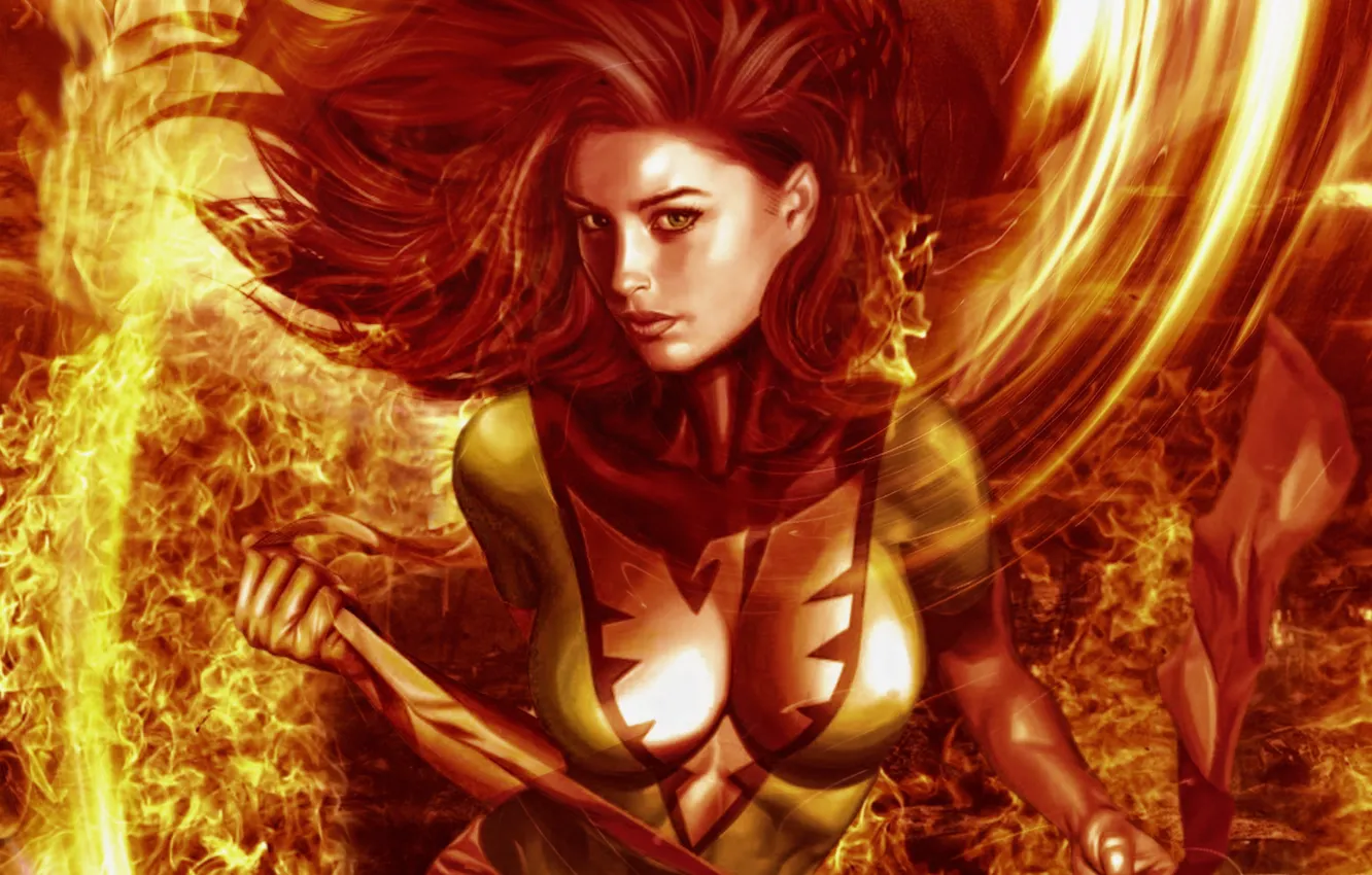 Photo wallpaper look, girl, fire, costume, Phoenix, phoenix, x-men, Jean Grey