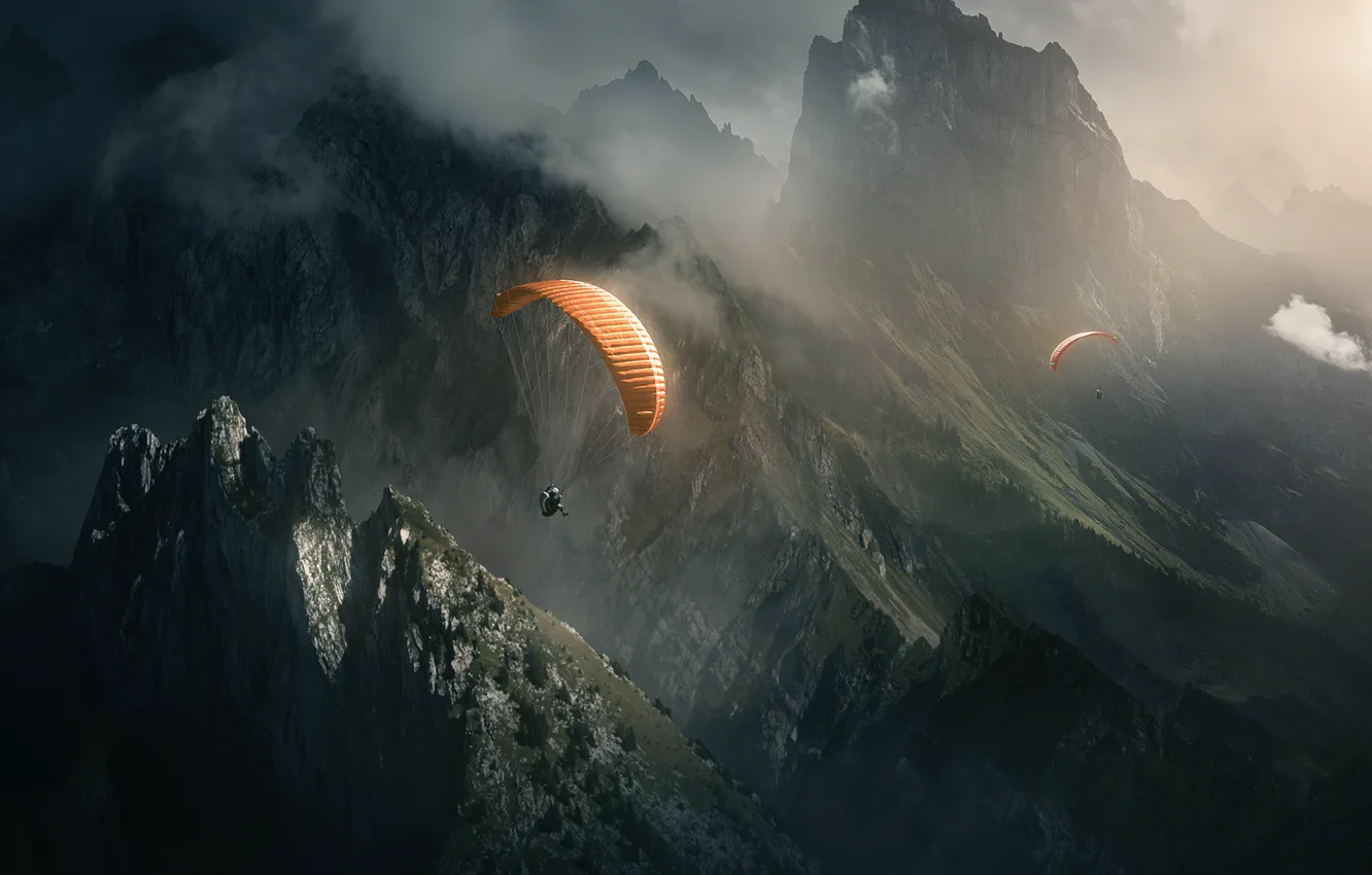 Photo wallpaper light, flight, mountains, nature, fog, rocks, sport, parachute, skydivers