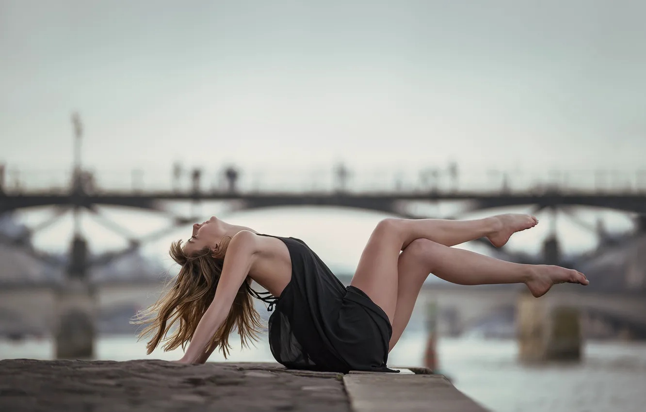 Photo wallpaper girl, pose, river, mood, feet, promenade