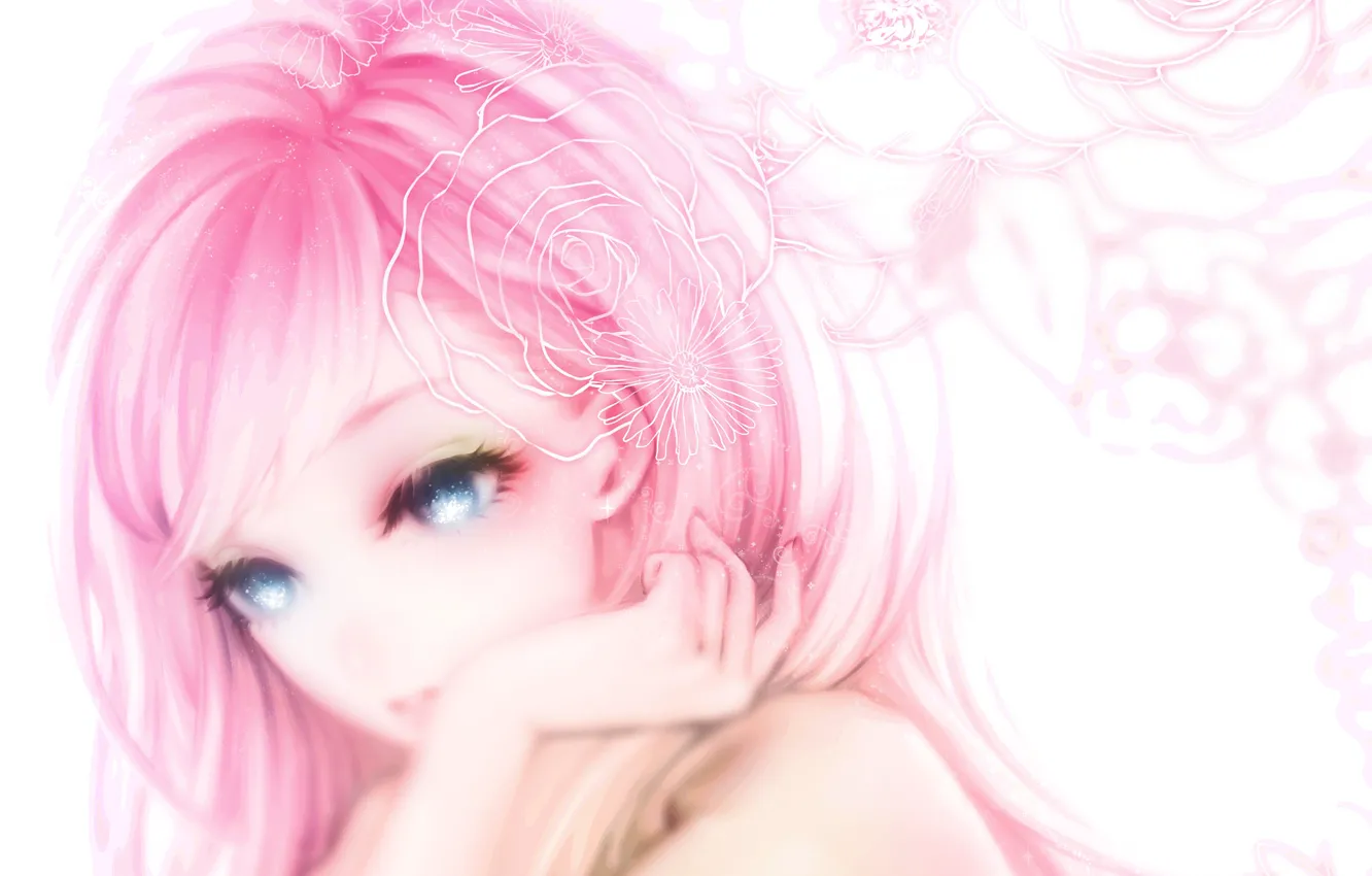 Photo wallpaper girl, flowers, minimalism, anime, pink, blue eyes, Vocaloid...