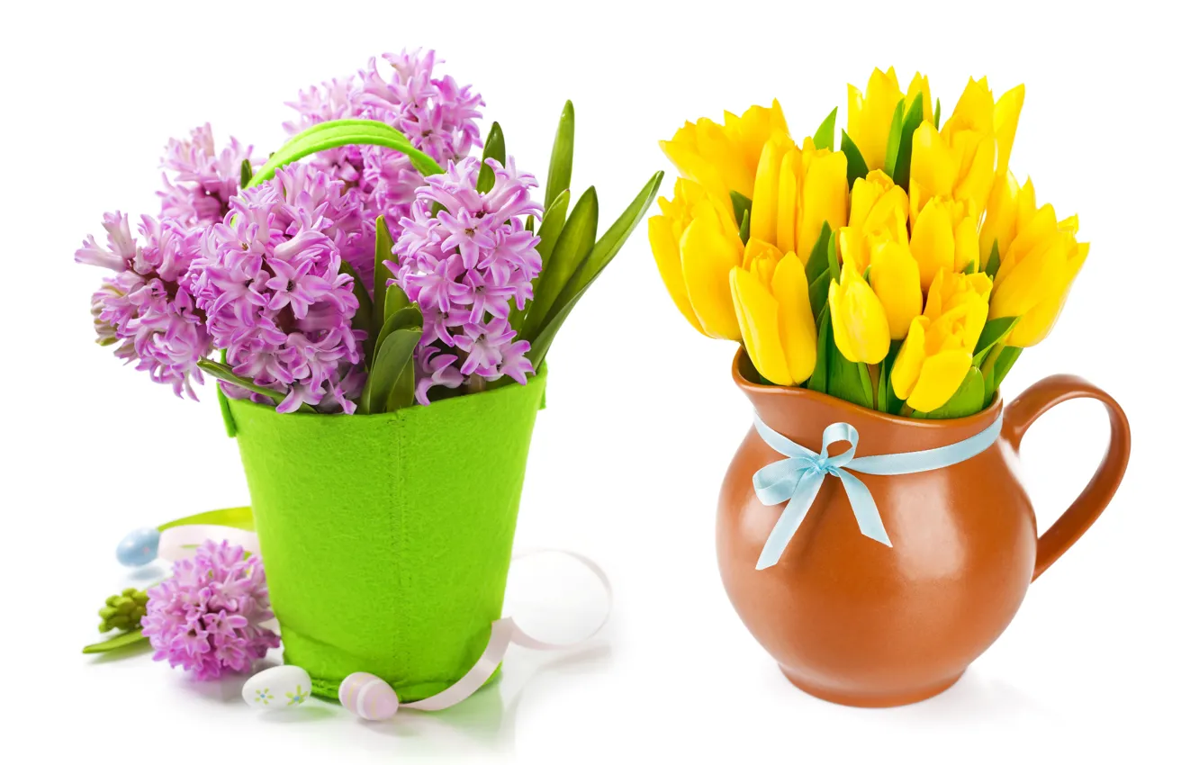 Photo wallpaper eggs, bouquet, tulips, flowers, tulips, spring, easter, hyacinths, lilac