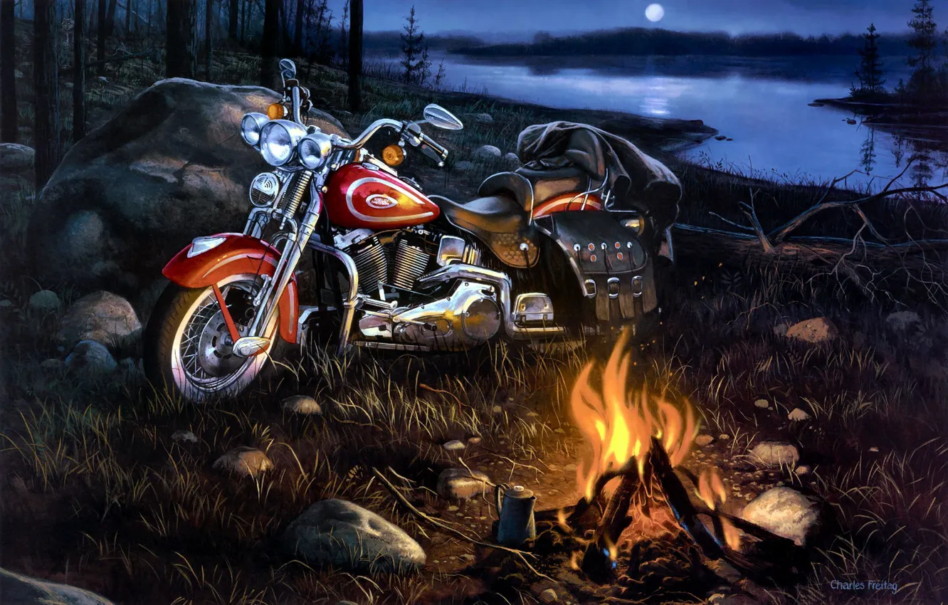 Photo wallpaper landscape, river, art, motorcycle, the fire, Harley-Davidson, Charles Friday
