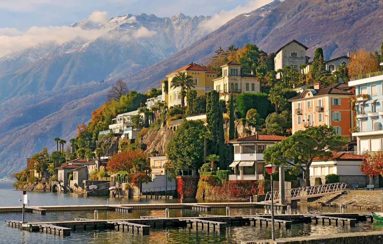 Photo wallpaper mountains, the city, Marina, home, Switzerland, promenade, Switzerland