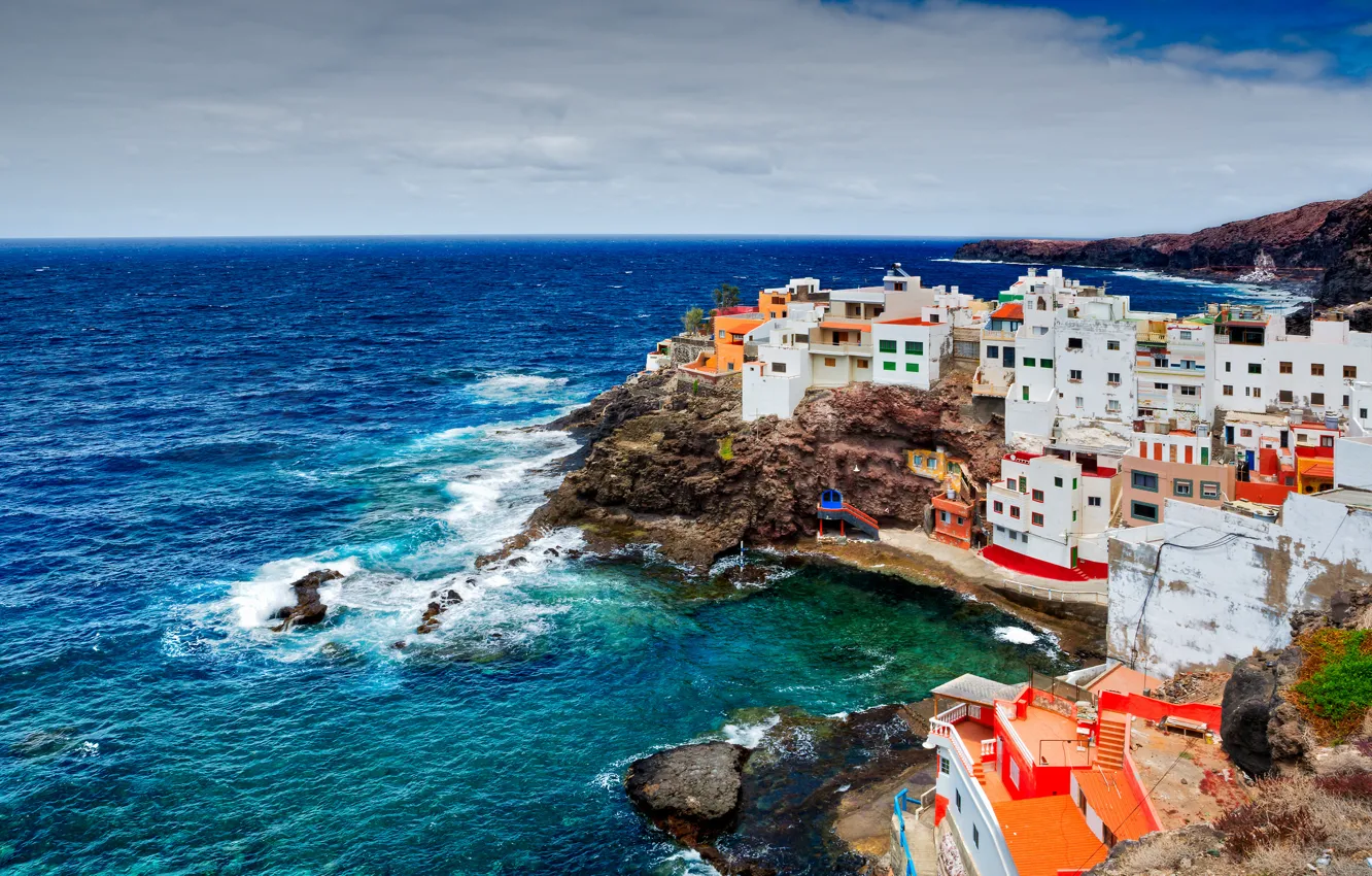 Photo wallpaper nature, stones, overcast, the ocean, rocks, coast, building, home, Spain, Canary Islands, Beach Cove Up, …