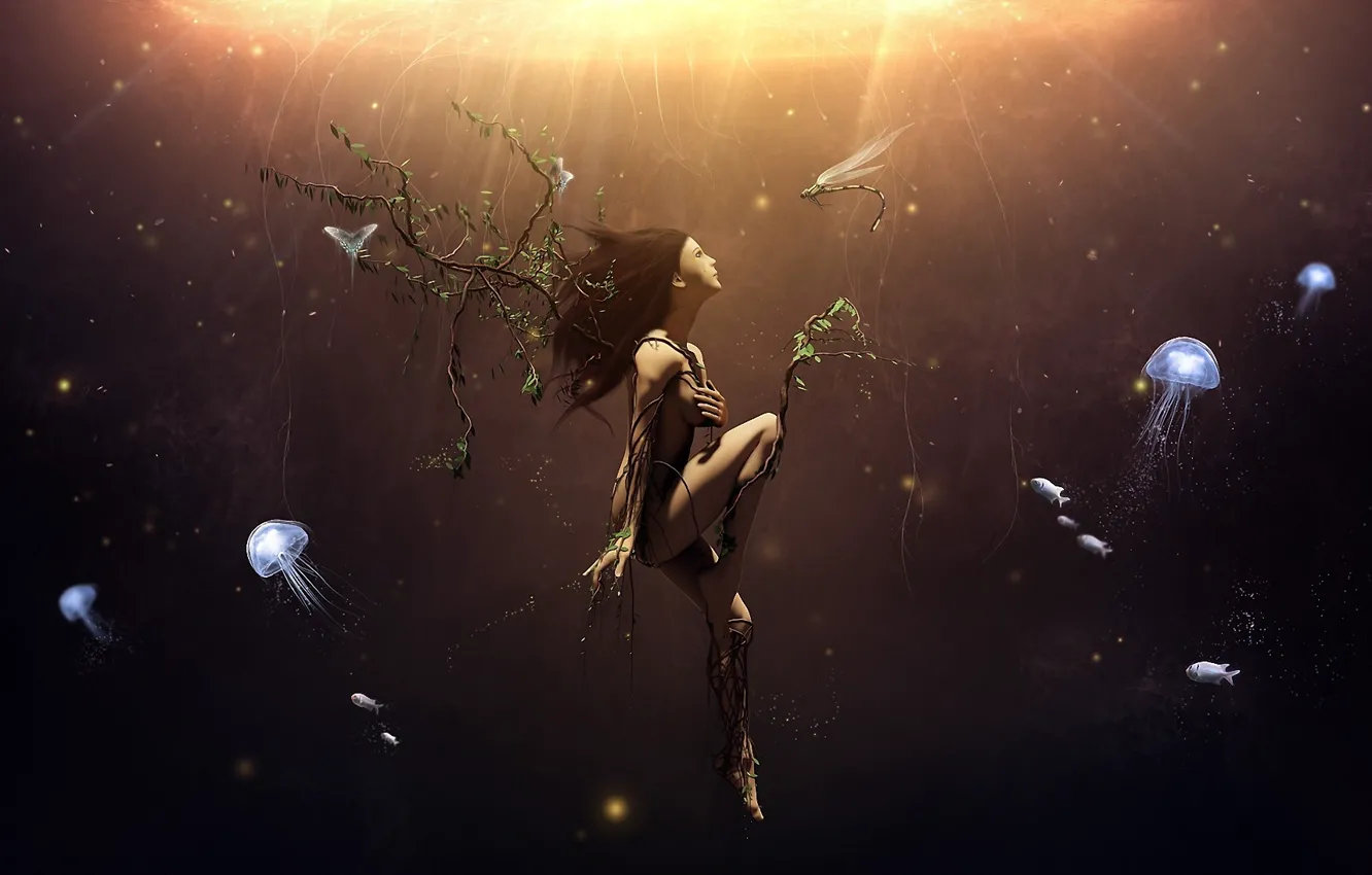Photo wallpaper girl, butterfly, branches, roots, tree, branch, surrealism, dragonfly, art, jellyfish, under water