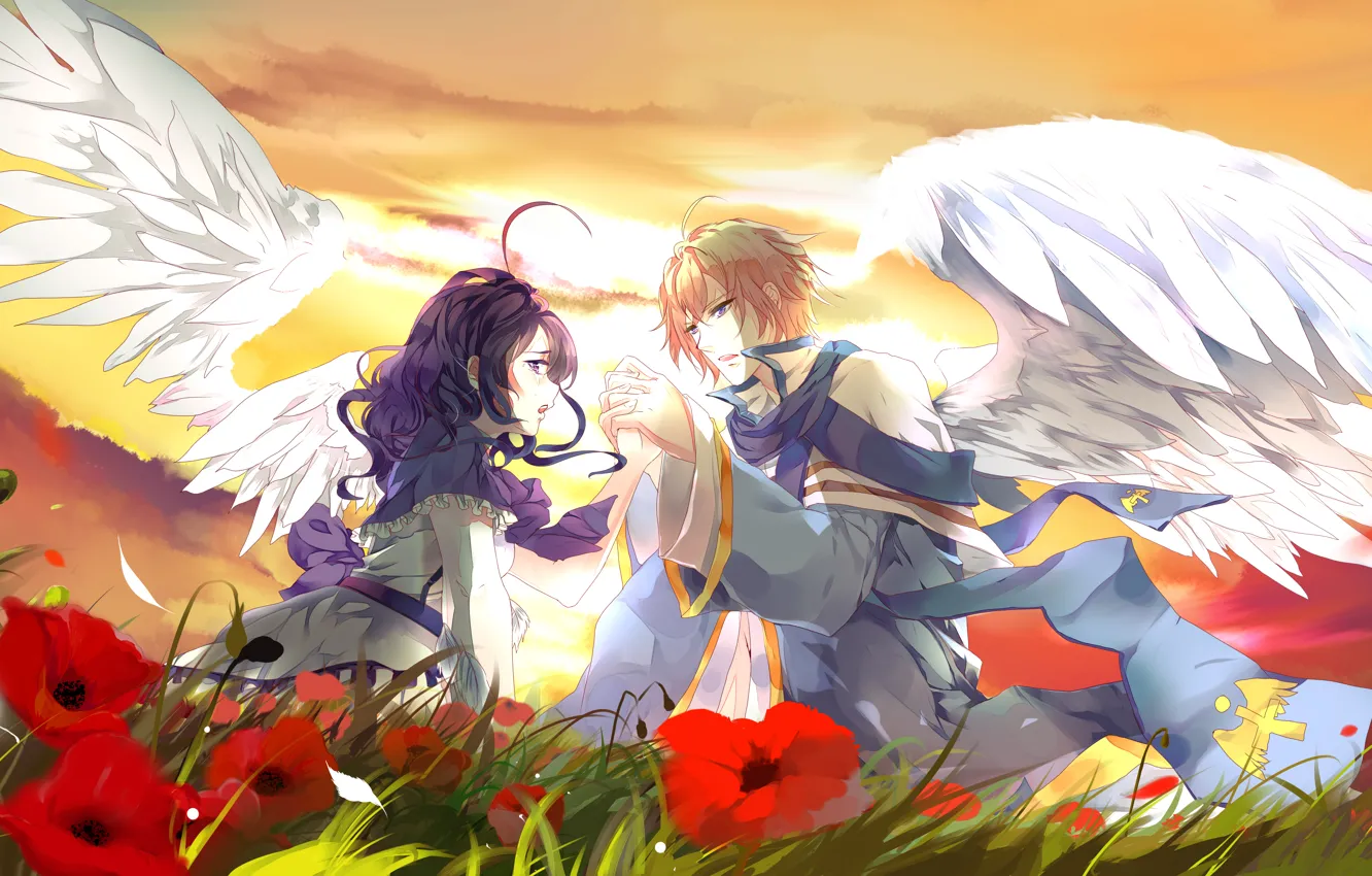 Photo wallpaper girl, sunset, flowers, glade, wings, guy, Two, lovers, art, aiki-ame