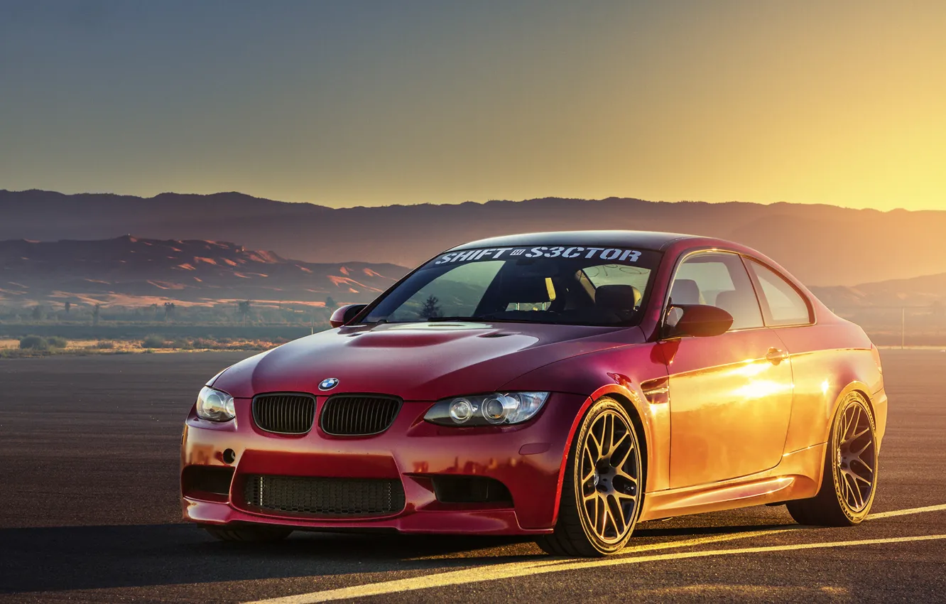Photo wallpaper sunset, BMW, BMW, red, red, front, E92, runway