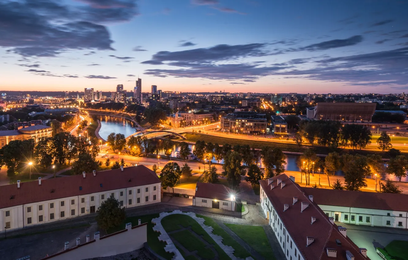Photo wallpaper panorama, night city, Lithuania, Lithuania, Vilnius, Vilnius