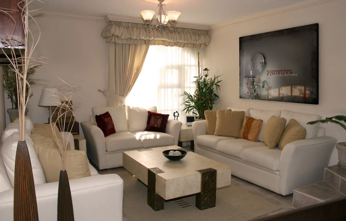 Photo wallpaper design, comfort, room, interior, picture, window, chandelier, curtains, sofas, stolic