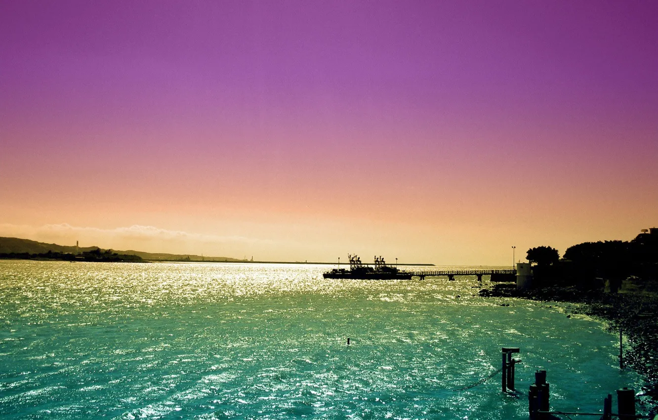 Photo wallpaper sea, the sky, sunset, ship