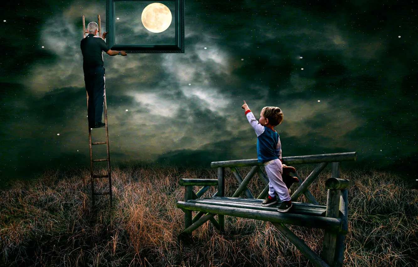 Wallpaper the moon, stars, boy, Look garndad you have caught the moon for  me images for desktop, section рендеринг - download