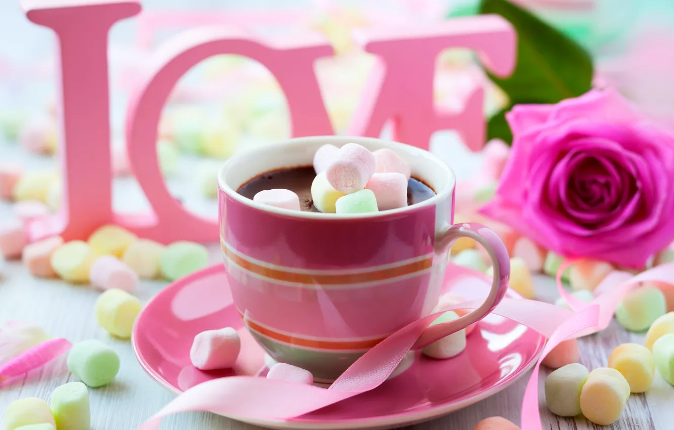 Photo wallpaper love, flowers, roses, tape, Cup, love, rose, hot, flower, cup, chocolate, hot chocolate, ribbon