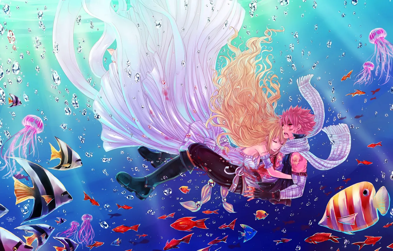 Wallpaper water, girl, fish, guy, under water, anime, art, fairy tail,  wounds, Lucy Heartfilia, Natsu Dragneel images for desktop, section прочее  - download