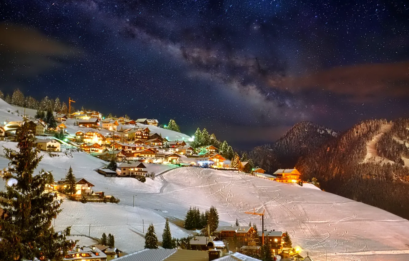 Photo wallpaper winter, the sky, stars, snow, mountains, night, lights, home, town, resort