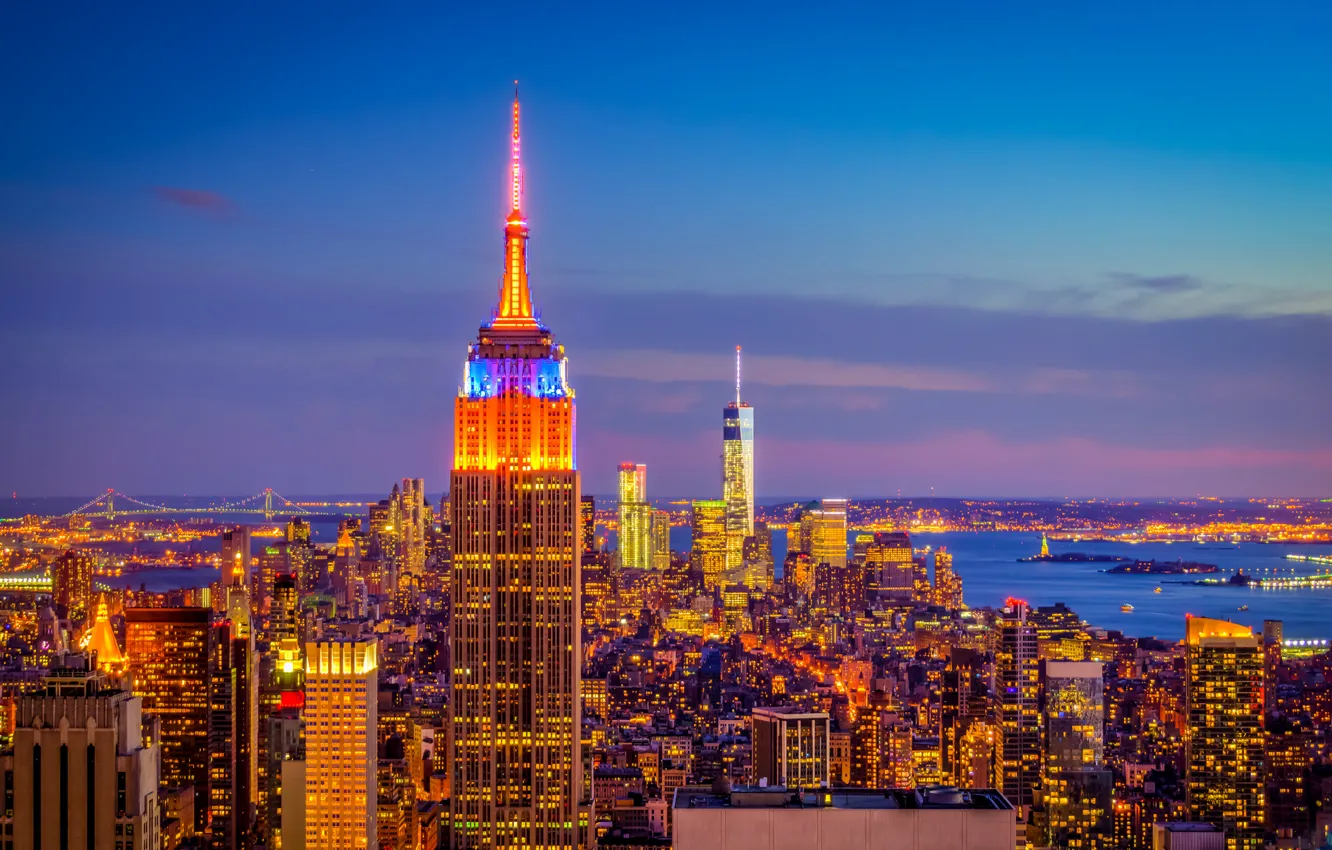 Wallpaper the sky, clouds, sunset, lights, home, the evening, panorama, new  York, USA, Manhattan, Empire State Building images for desktop, section  город - download
