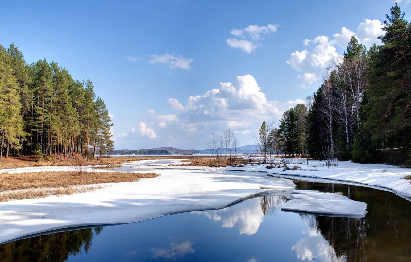 Photo wallpaper winter, forest, the sky, water, clouds, snow, landscape, nature, lake, pond, Wallpaper, wallpaper, tree