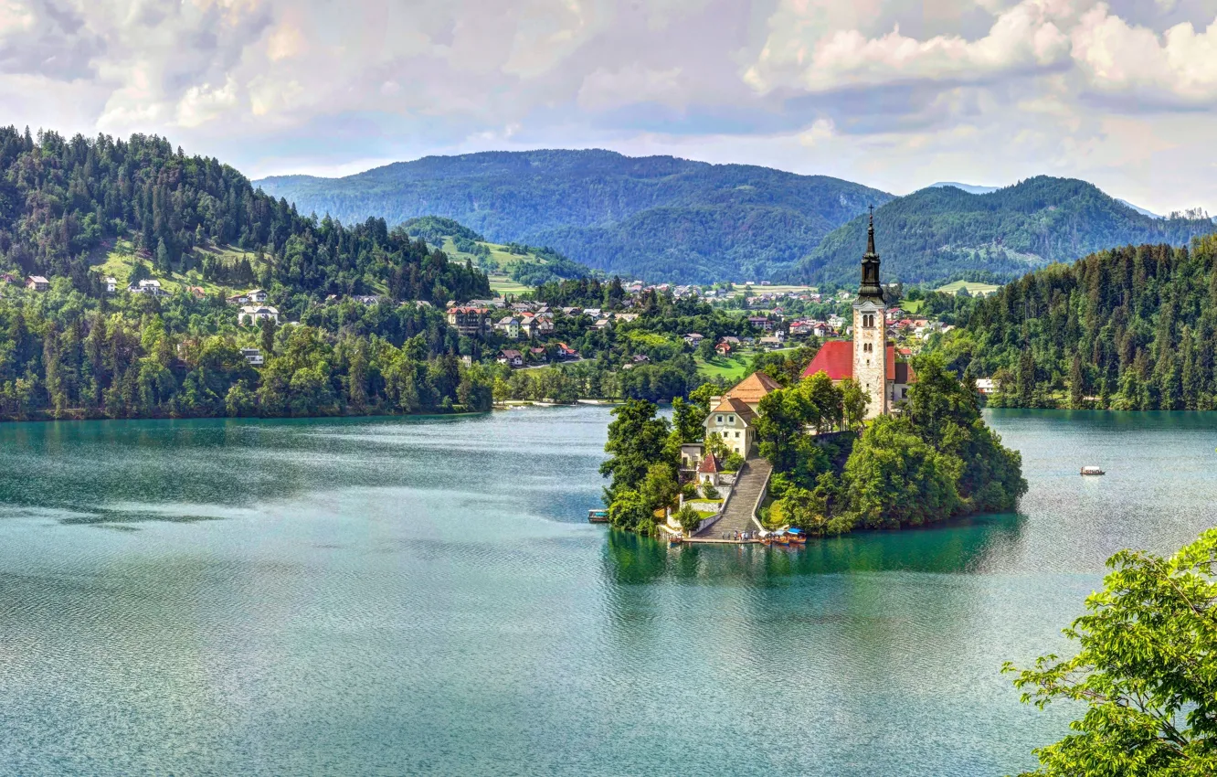 Photo wallpaper mountains, lake, island, Church, Slovenia, Lake Bled, Slovenia, Lake bled, St. Mary's Church