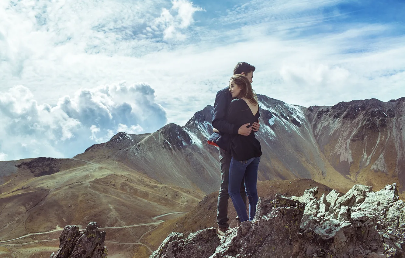 Photo wallpaper girl, mountains, nature, hugs, pair, guy, lovers, are