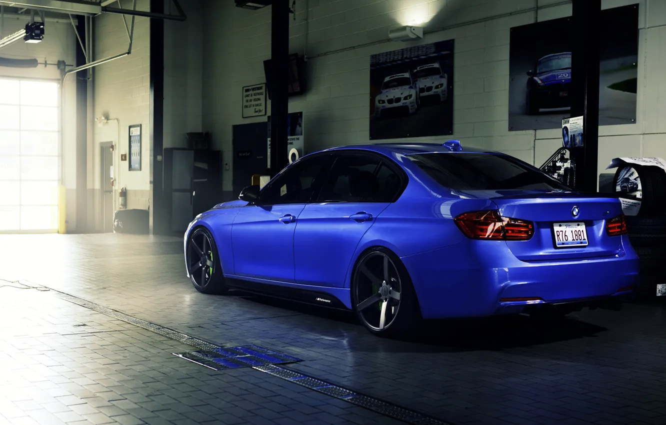Photo wallpaper blue, BMW, BMW, wheels, side, blue, 335i, vossen, The 3 series, f30