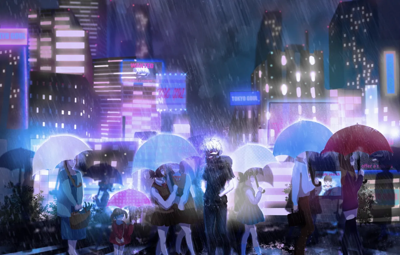 Photo wallpaper the city, people, rain, umbrella, anime, mask, art, signs, guy, Tokyo ghoul, tokyo ghoul, Ken …