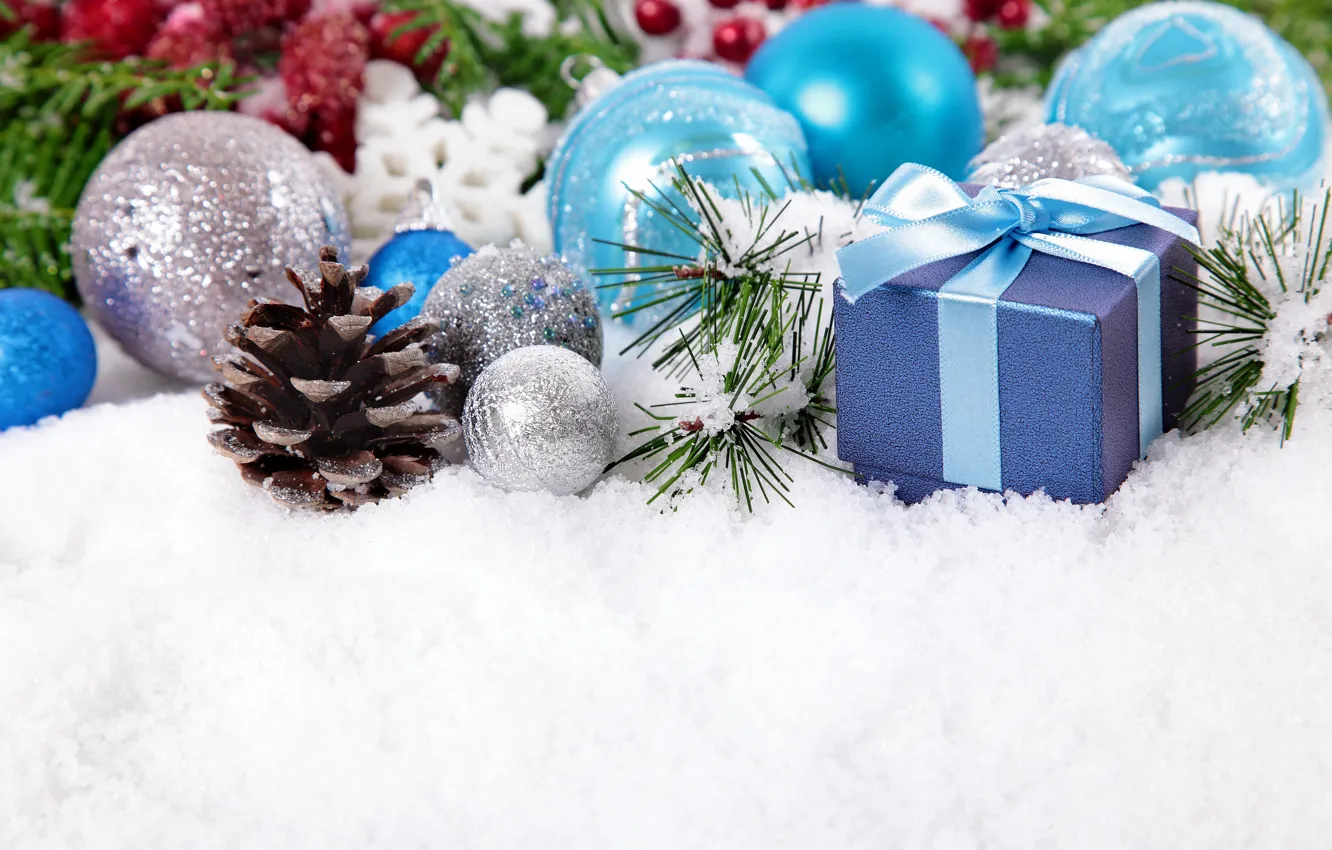 Photo wallpaper balls, snow, gift, balls, Christmas, New year, bump