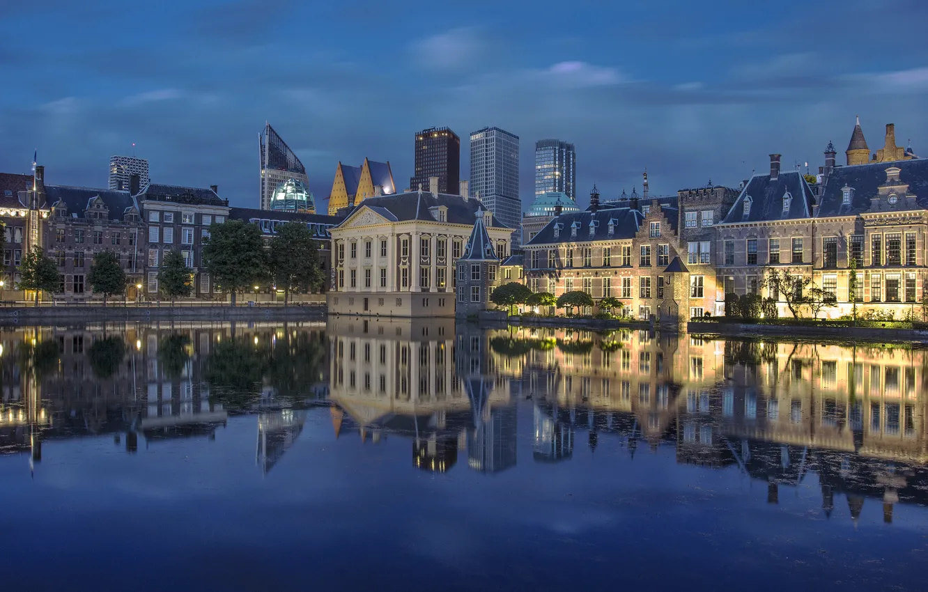 Photo wallpaper lights, reflection, mirror, Netherlands, night, The Hague, The Mauritshuis