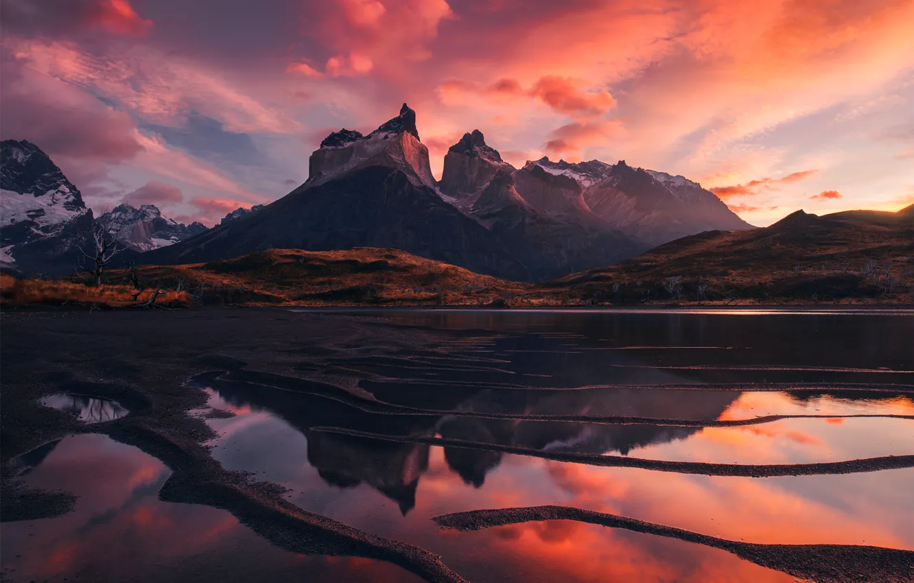 Wallpaper Red, Clouds, Sky, Landscape, Mountains, Patagonia, Lake images  for desktop, section пейзажи - download
