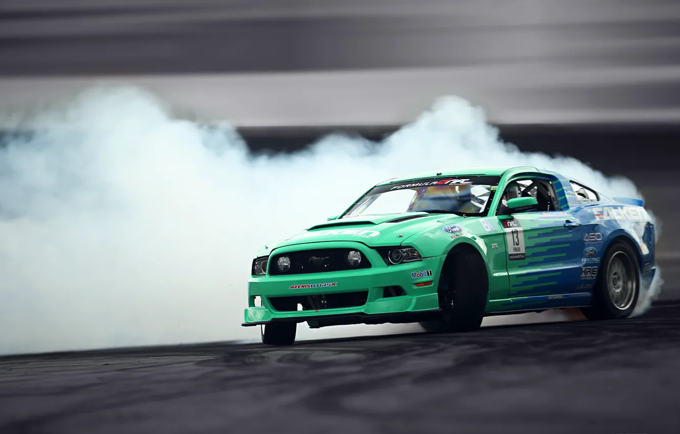 Photo wallpaper Mustang, Ford, Drift, Smoke, Tuning, Hawks, Competition, Sportcar