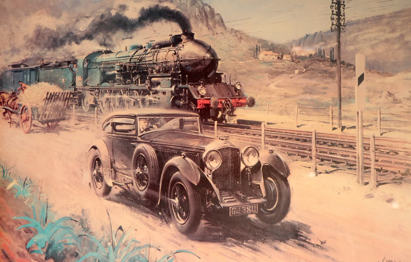 Photo wallpaper Bentley, Figure, Train, Car, Painting, Terence Cuneo