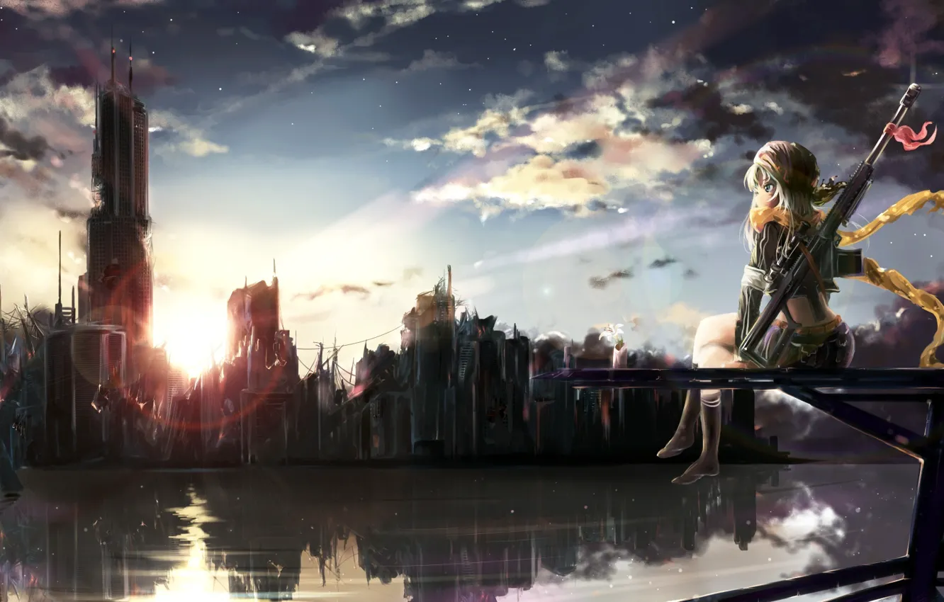 Photo wallpaper flower, the sky, girl, clouds, sunset, the city, weapons, home, rainbow, anime, scarf, art, ruins, …