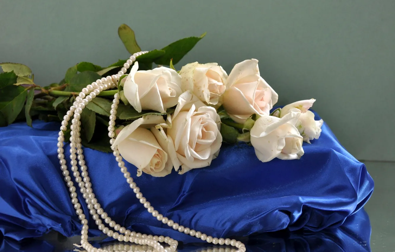 Photo wallpaper flower, flowers, roses, bouquet, silk, pearl, beads, white, silk, pearls
