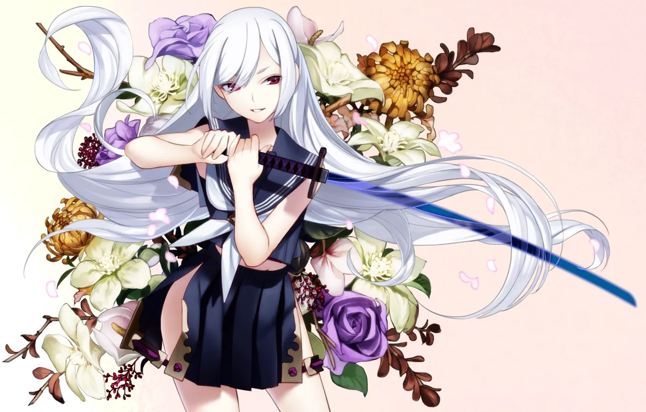 Photo wallpaper girl, flowers, sword, anime, art