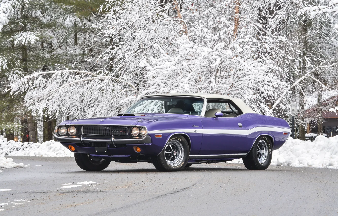 Photo wallpaper snow, background, Dodge, Dodge, Challenger, 1970, Muscle car, Convertible, Muscle car, R T, 440, Chelenzher, …