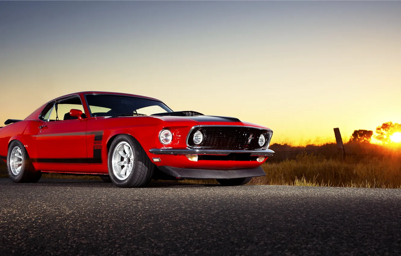 Photo wallpaper sunset, Mustang, muscle car, ford mustang boss 302