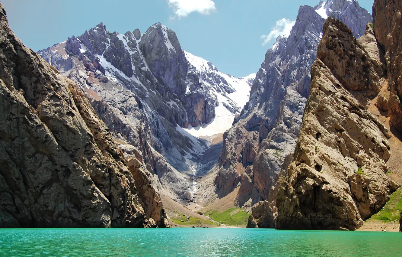 Photo wallpaper water, snow, lake, stones, Mountains, top, blue