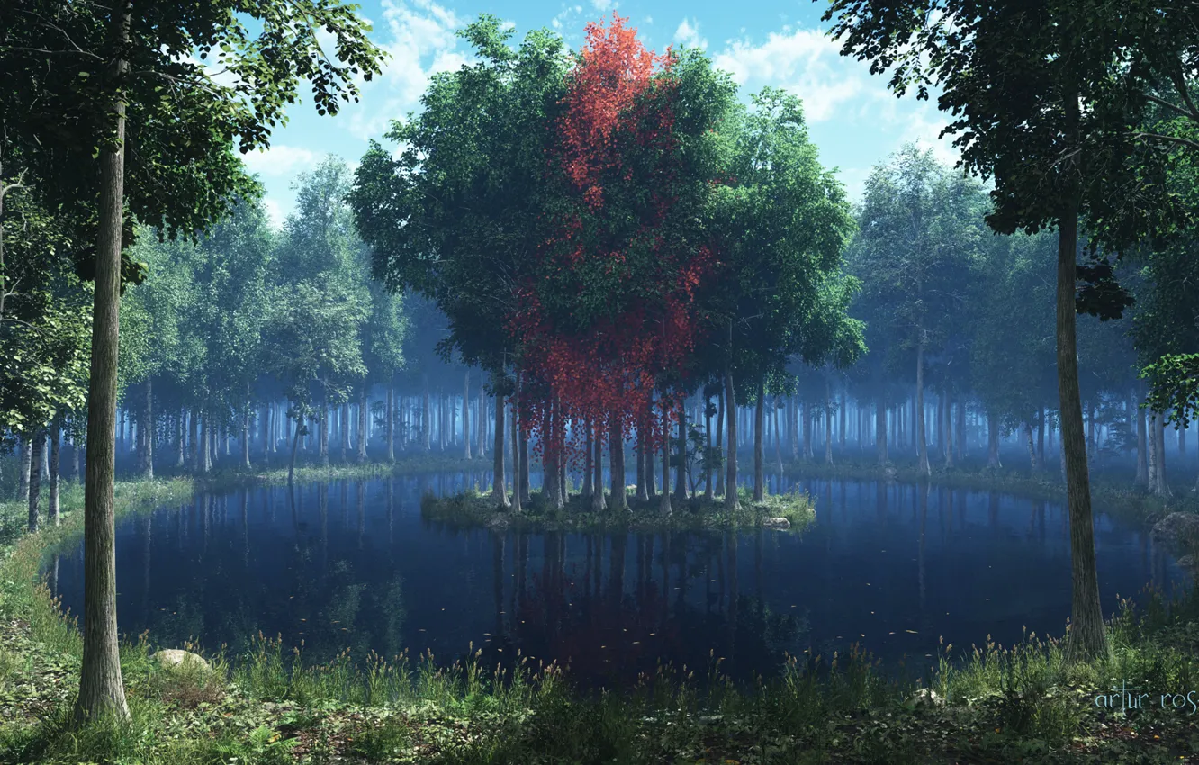 Photo wallpaper forest, grass, leaves, trees, lake, red, island, render