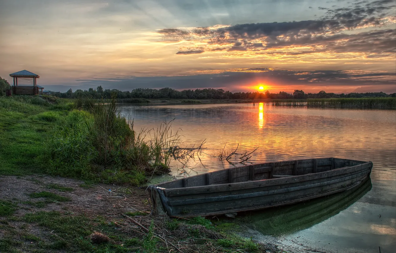 Photo wallpaper lake, boat, the evening, gazebo, sunset